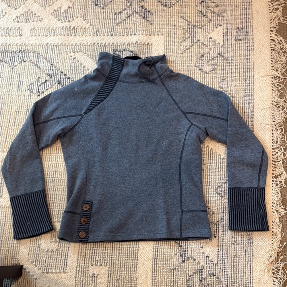 Prana Wool Blue High-Neck Sweater with Button Detail